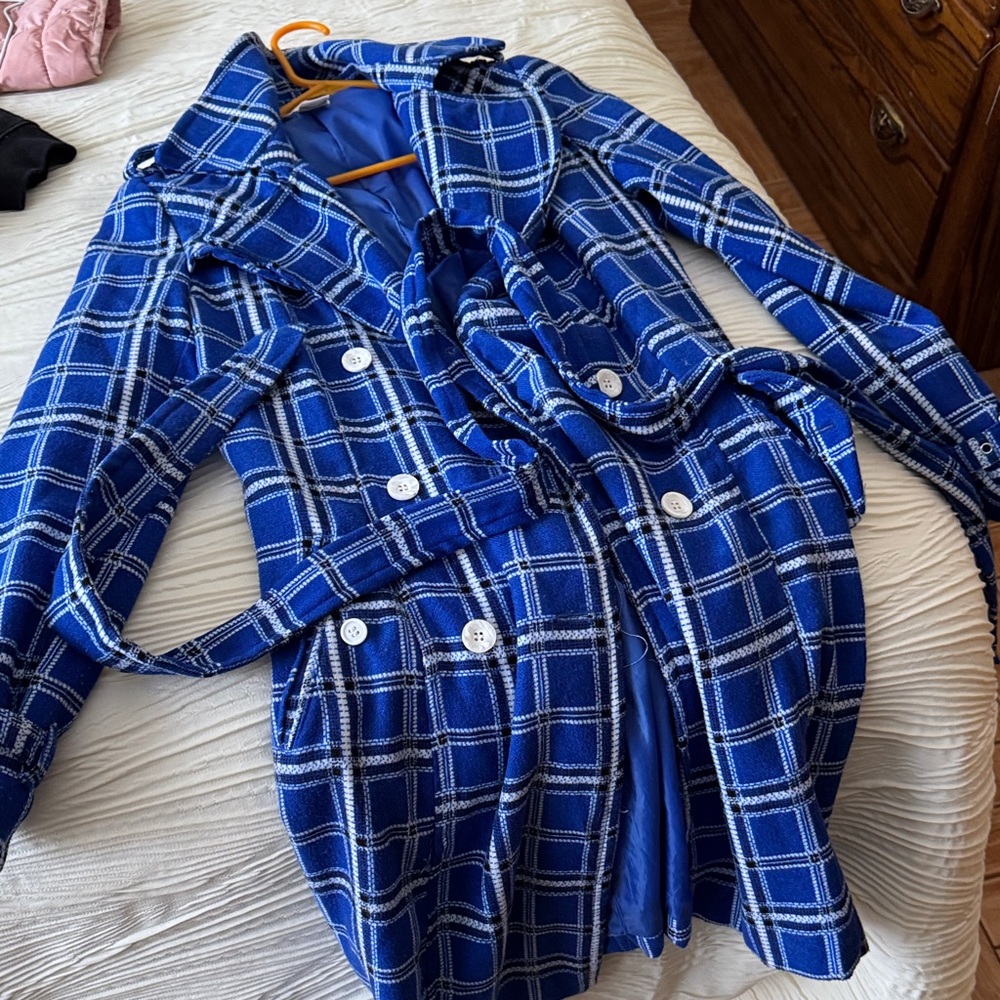 Charlotte Russe Blue Checkered Trench Coat